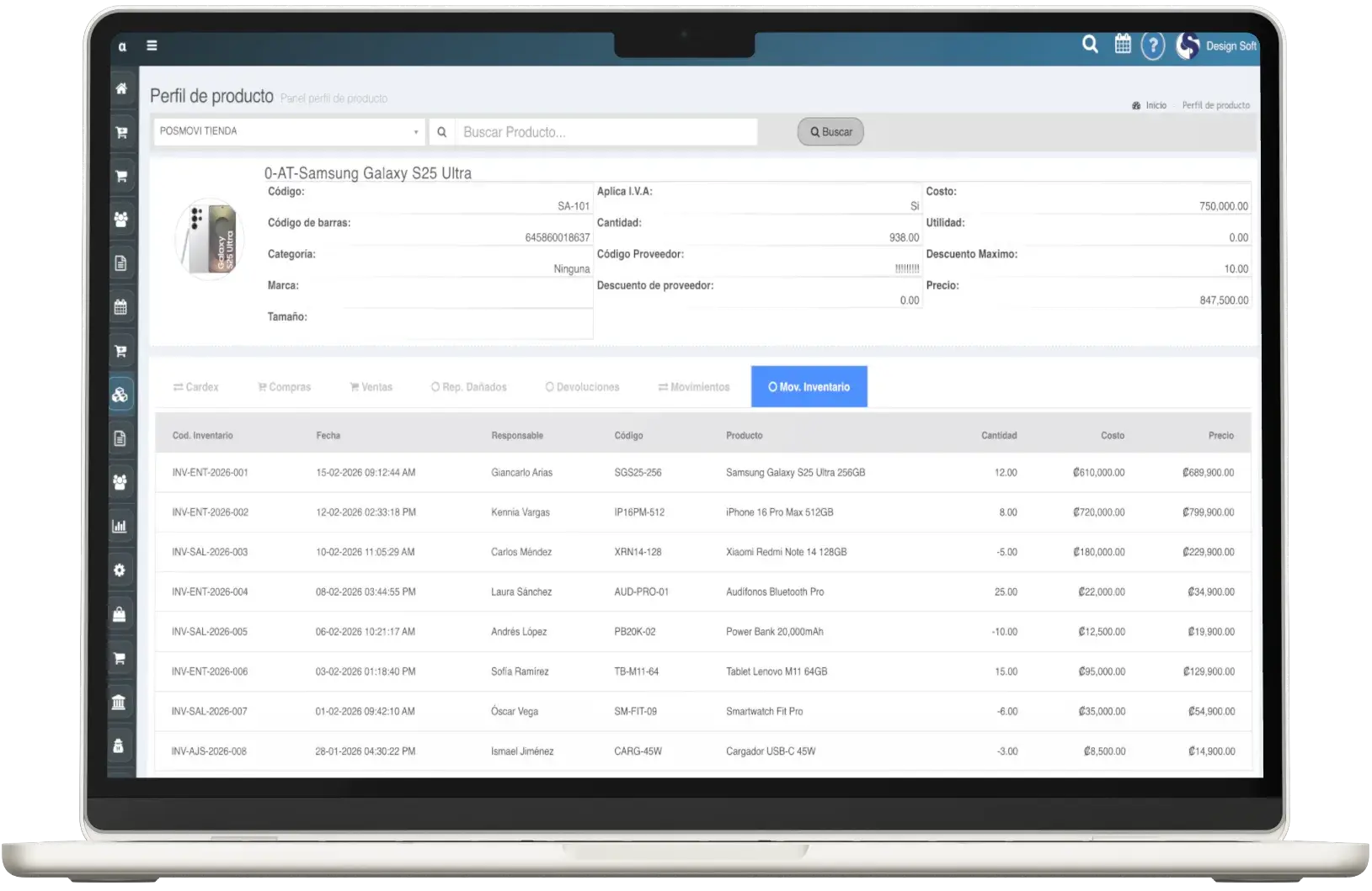Movimiento de inventario dentro del perfil de producto Posmovi