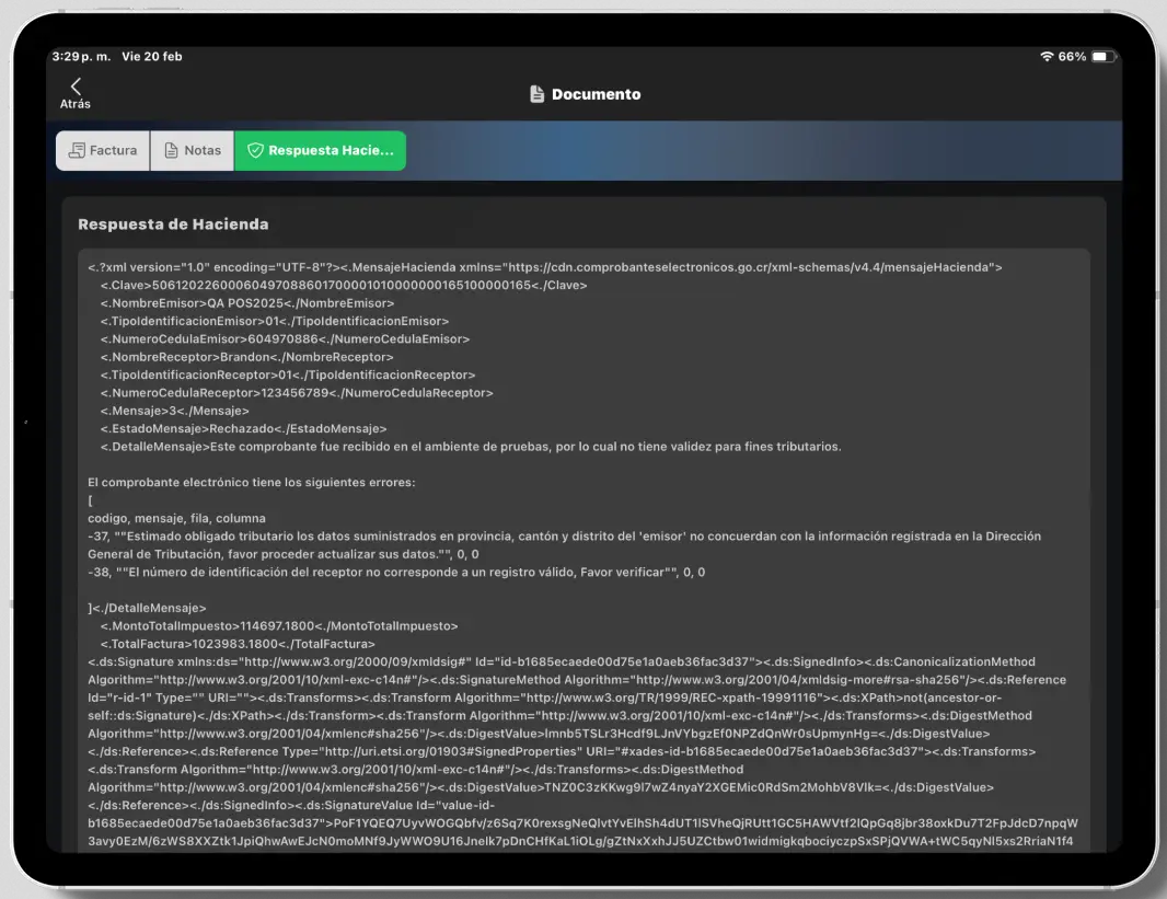 Respuesta tributaria de facturas electrónicas en Posmovi