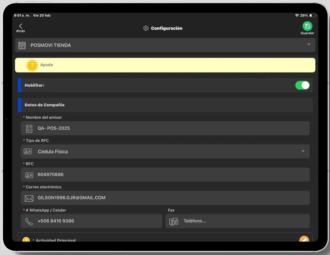 Configuración del software de facturación electrónica Posmovi