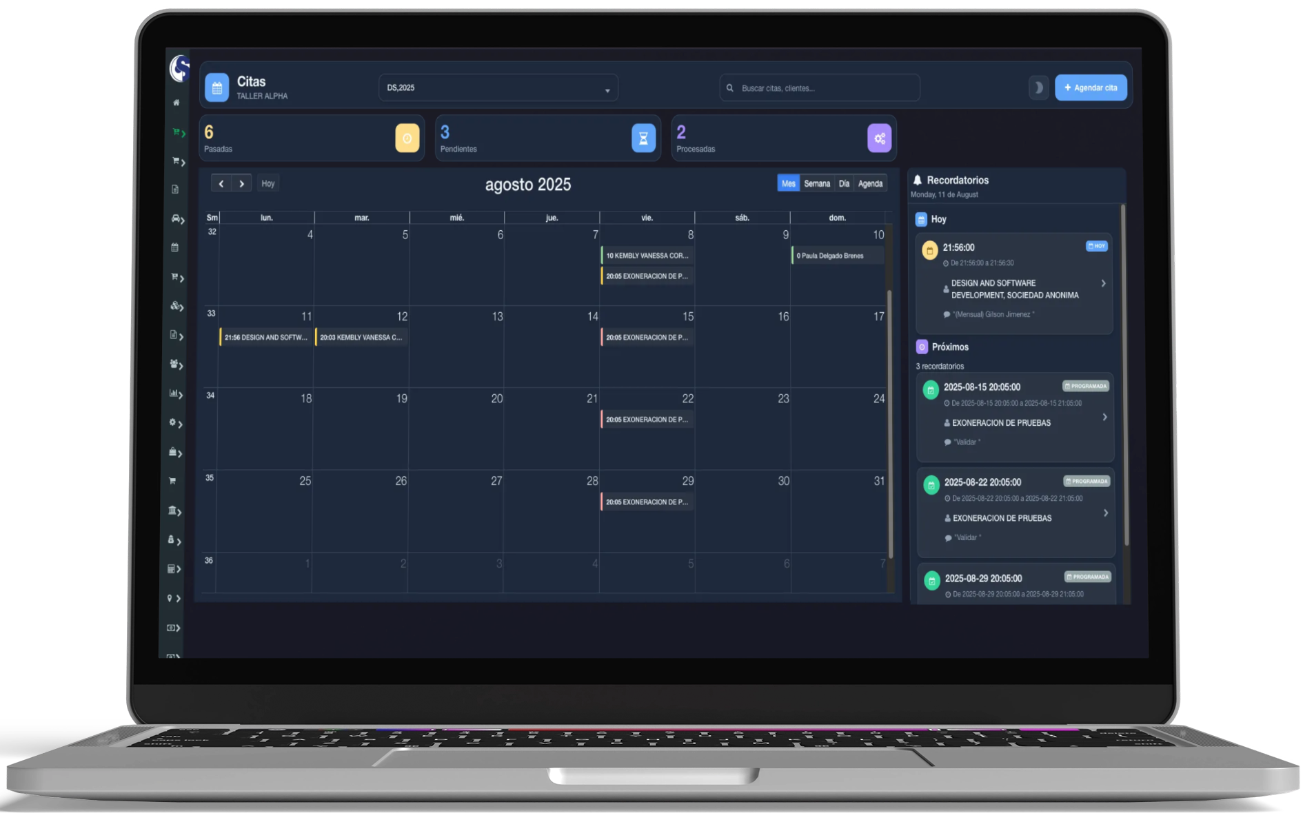 Visualización de citas pendientes en el software para talleres