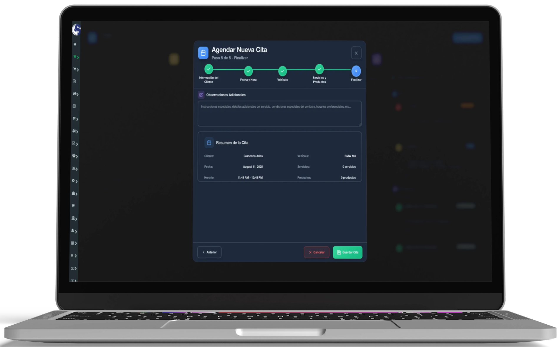 Crear nueva cita en el software para talleres