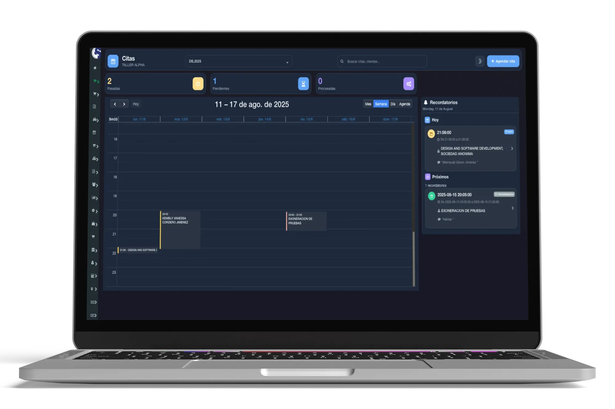 Agenda de citas con vista semanal y diaria para taller automotriz