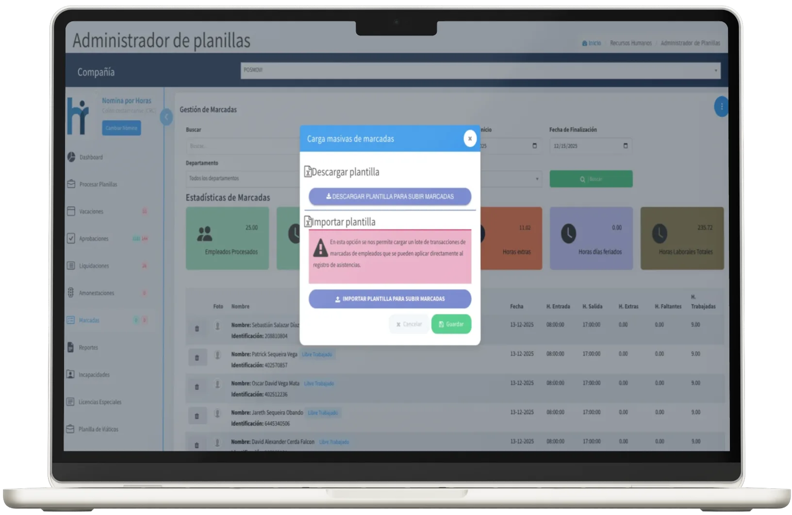 Modal de importación masiva de excel