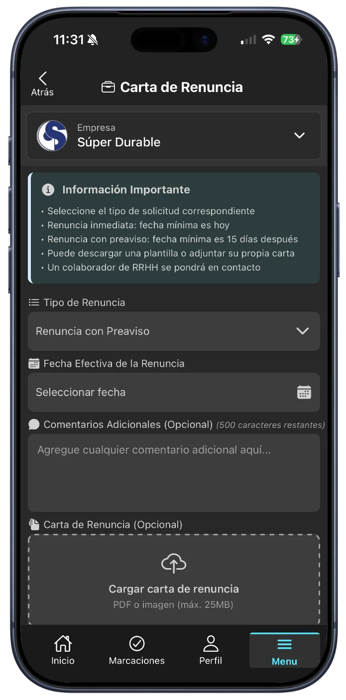 Formulario de Renuncia y Carga de Archivos