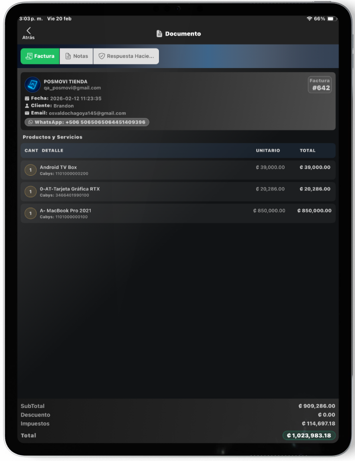 Detalles de Factura Posmovi