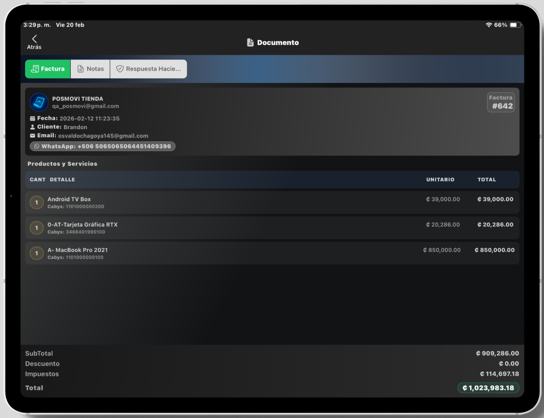 Detalle de Factura Electrónica y Notas