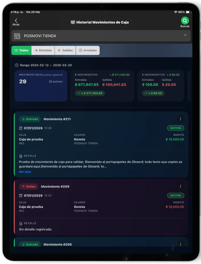 Historial de Cierre de Caja en Tablet Posmovi