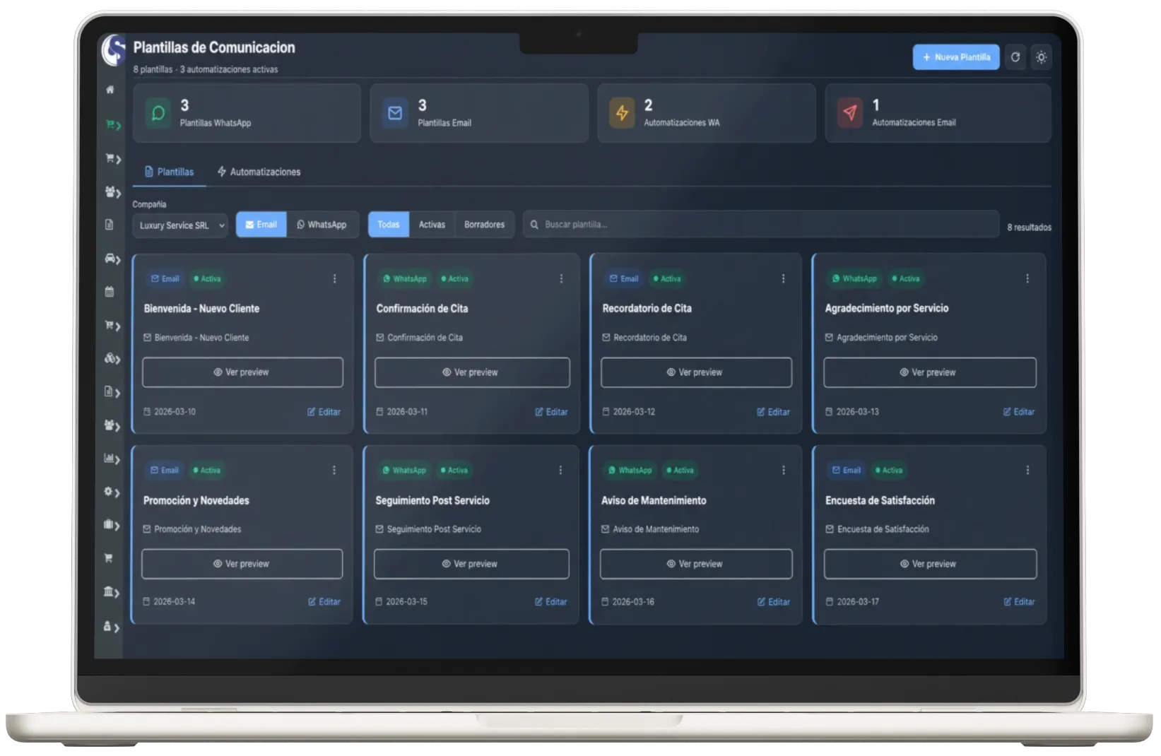 Plantillas de comunicación automatizada por WhatsApp y Email en CRM POSMOVI