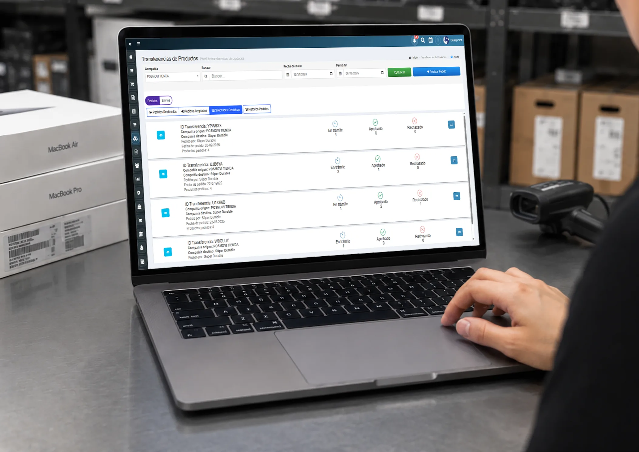 Panel de solicitudes de inventario recibidas de otras tiendas o sucursales